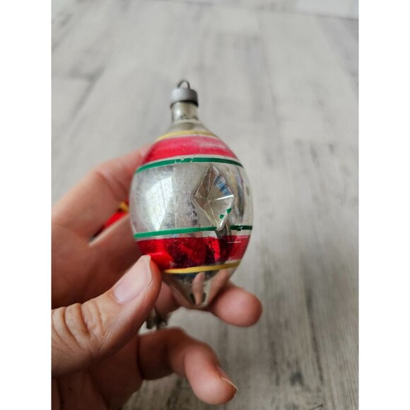 Antique diamond indent teardrop red striped green mercury glass ornament Xmas se - Picture 12 of 14
